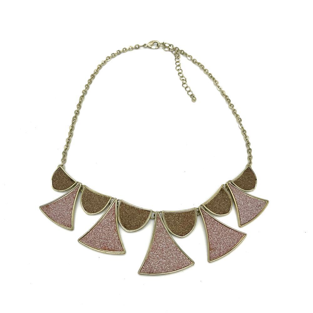 Statement Geometric Fan Necklace Gold Pink Brown Glitter Art Deco Style  Jewelry